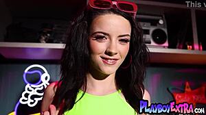 petite brunette lilly redd strips naked in neon bath glow posing sexy