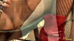 this fabulous milf slut in fishnets and stockings rides cock while gagging on it moaning as pussy gets destroyed