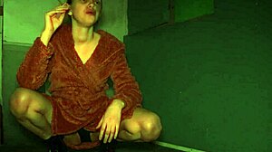 brunette spits smokes and drips saliva inside tall high heels