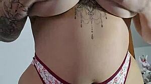 exhibitionist tries lycra panties flashing while fingering wet
