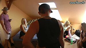 whoa big dick blowjob threesome party backstage with skirts stockings heels!!