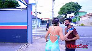 athletic latina blonde in lingerie bends over huge cock on street stairs while cuckold works