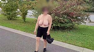 MILF flashes her huge saggy natural tits boldly in crowded public spots