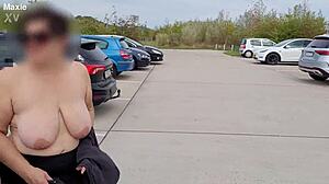 MILF flashes her huge saggy natural tits boldly in crowded public spots