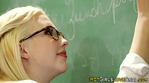 Milf teacher fingers and toys teen student's tight ass in classroom