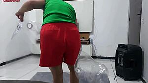 stepmom hangs shower curtain just to spy stepson bathing big cock tease