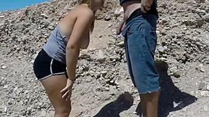 thick beach babe drops to knees for public cumshot blowjob