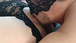 Amateur milf wife squirms close-up as tongue licks pussy to orgasm before homemade creampie fucking