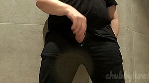 chubbykaot's curvy belly shakes closeup edging orgasm in gym bathroom!
