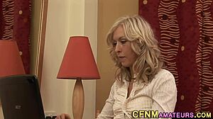 Cfnm milf teases with slow amateur handjob strokes
