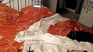French slut's red satin bodysuit ripped for pussy lick, rimjob, blowjob and hard doggy pounding!