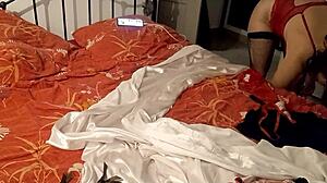 French slut's red satin bodysuit ripped for pussy lick, rimjob, blowjob and hard doggy pounding!