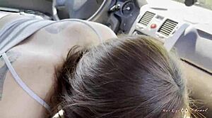 Teen beauty sucks and jerks cock during car ride to cumshot
