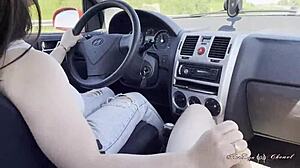 Teen beauty sucks and jerks cock during car ride to cumshot