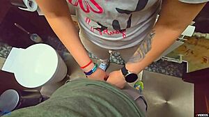 Stranger blasts cum into my wet panties public restaurant toilet close up pov