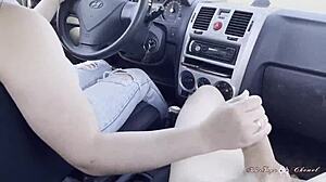 Teen beauty sucks and jerks cock during car ride to cumshot