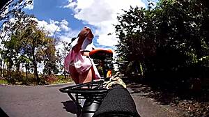 mexican biker shemale pigtails flashes panties then takes outdoor cumshot