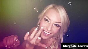 blonde at gloryhole deepthroats sloppy then takes massive cumshot skills?