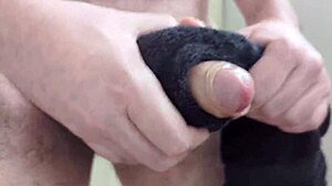 monster cock guy unloads massive cumshot closeup on realistic towel solo