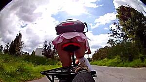 mexican biker shemale pigtails flashes panties then takes outdoor cumshot