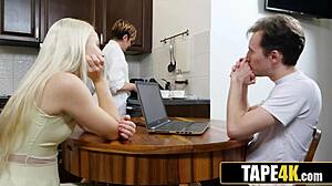 stepsis sneaks under table sucking stepbro's small dick as mom lectures morals