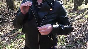 Watch me finger my shaved pussy while he strokes his cock outdoors!!
