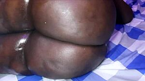 Ebony SSBBW spreads fat pussy on desk and squirts with huge dildo