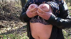 Watch me finger my shaved pussy while he strokes his cock outdoors!!