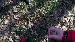 Watch me finger my shaved pussy while he strokes his cock outdoors!!