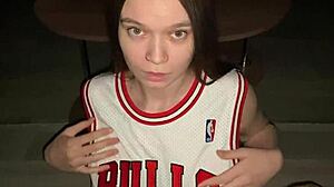 omg good girl kneels for stepdad's deepthroat blowjob cum splashing her big natural tits 💦👅