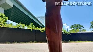 this memphis ebony babe slurps sloppy on big black monster cock outdoors