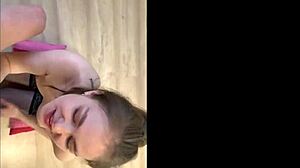 brunette teen gulps down throbbing cock in pov