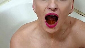 German milf whore Sandra chugs golden shower piss