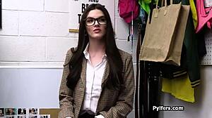 Brunette thief in glasses deepthroats gags pussy fucked