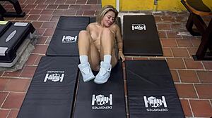 blonde colombian milf karen sleent strips naked at gym teaching your workout joi session fingering wet pussy to orgasm
