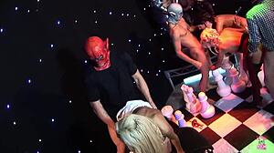 Amy Azzura's Fake Tits Fucked by Masked Group on Chessboard