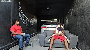 Friend's Brazilian girlfriend dances on my hard cock in garage creampie while cuckold watches clueless