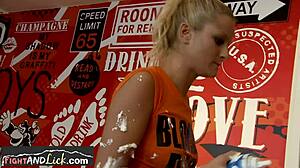 Lesbians Wrestle Food-Smeared Before Pussy Licking Orgy