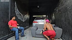 Friend's Brazilian girlfriend dances on my hard cock in garage creampie while cuckold watches clueless