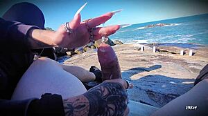 Mar jerks off outdoors for massive cumshot public pov handjob masturbation