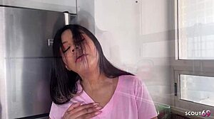 Latina teen beauty caught masturbating in hostel kitchen gets anal by old German tourist