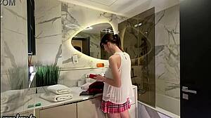 Nerdy College Brunette Flashes Long Legs Miniskirt Thong Panties in Bathroom