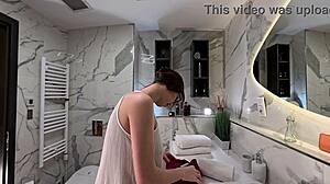Nerdy College Brunette Flashes Long Legs Miniskirt Thong Panties in Bathroom