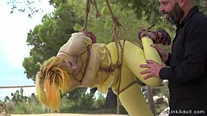 Hottie Bound in Yellow Tights Outdoor for Hardcore Fucking
