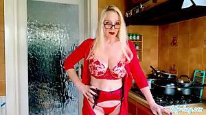 check out lady lucy teasing her big tits in that tight red dress and heels