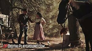 Vicki Chase slutty cowgirl rides Scott Nails' monster cock outdoors hairy pussy licking cum on tits