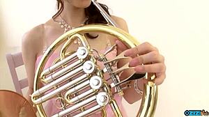 trumpet girl's vibrator play with friend's fingering help