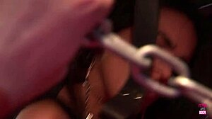 a brunette in latex bondage ties guy and rides his strapon cock!!