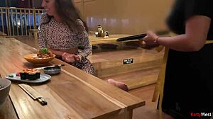 boldly sucking huge cock in sushi bar toilet then eating cum rolls on my face publicly