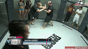 Chubby brunette slut's big tits smother fighter during dirty hardcore fuck 💦👊